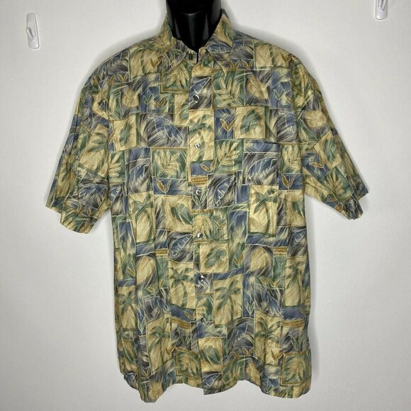Tori Richard Hawaiian shirt Mens L Beige Blue Green Aloha Vacation Short Sleeve - Picture 1 of 8
